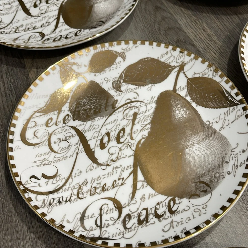 Restoration Hardware Christmas 8”Plates Holiday Gold Pear Noel Peace Set